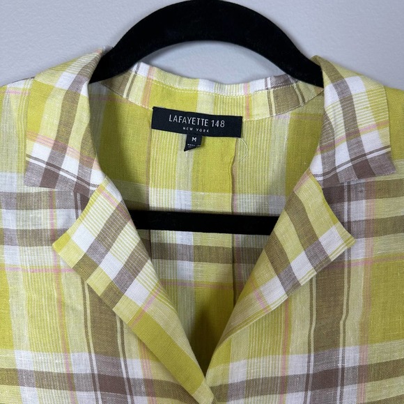 Lafayette 148‎ NY Plaid Linen Button Down Shirt 3/4 Sleeve Top Chartreuse M - Picture 3 of 4